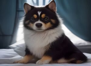训犬师手持响片与零食对母犬进行响片训练，犬只眼神明亮、积极配合